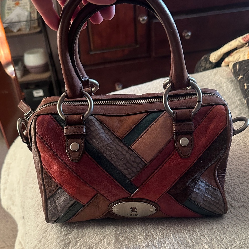 Fossil Women's Patchwork  Bag in Red, Brown, and Tan